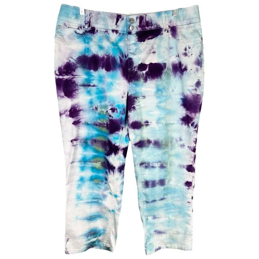 Cato Size 12 Pants Tie Dye Handmade Blue‎ Purple Boho High Rise Festival 1366